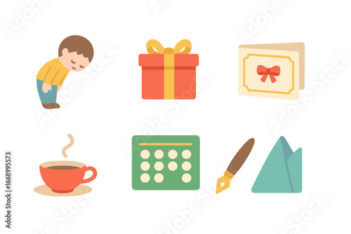 Children's Etiquette Icons. Flat vector mini-illustrations etiquette refinement in colors children's illustrations: polite bow,