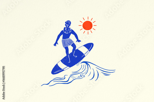Photography Man surfing retro travel illustration