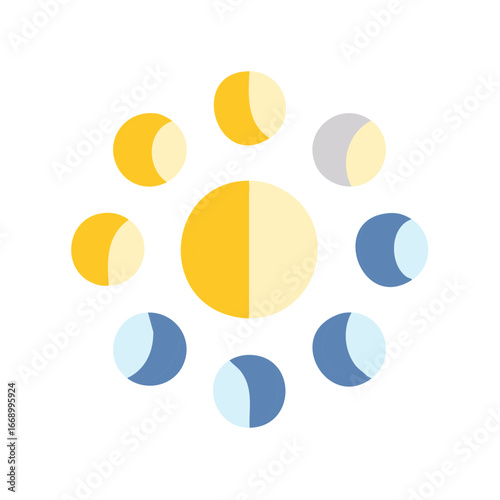 Celestial body phases cycle illustration showing stages of illumination and darkness