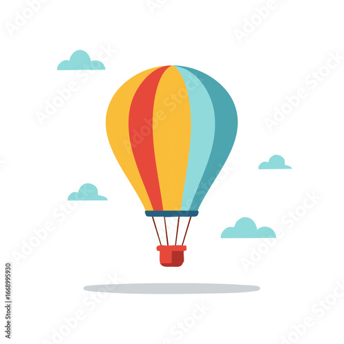 Colorful hot air balloon floating in sky with clouds illustration