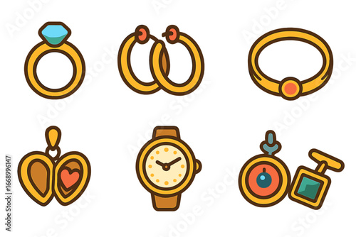 Children's Jewelry Icons. Flat vector mini-illustrations circle jewelry in colors children's illustrations: ring, hoop earrings,