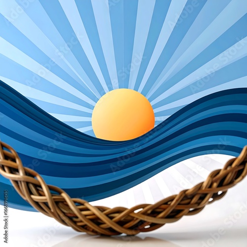 Sunrise over wavy water, framed by a basket