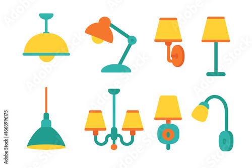 Children's Lighting Icons. Flat vector mini-illustrations indoor lighting fixtures in colors children's illustrations: ceiling