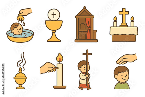 Children's Liturgy Icons. Flat vector mini-illustrations liturgy rituals in colors children's illustrations: baptism font,