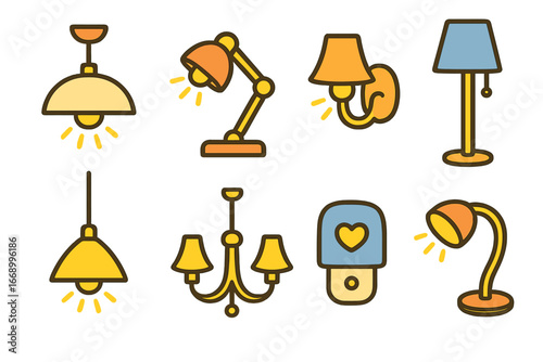 Children's Lighting Icons. Flat vector mini-illustrations indoor lighting fixtures in colors children's illustrations: ceiling