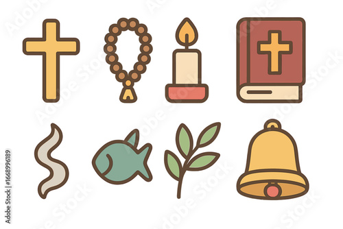 Children's Monastery Symbols. Flat vector mini-illustrations monastery symbols in colors children's illustrations: cross, prayer