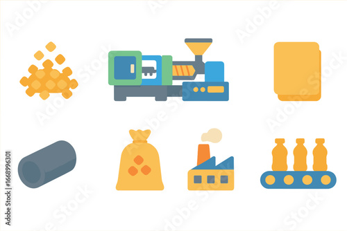 Children's Plastic Factory Icons. Flat vector mini-illustrations plastic manufacturing in colors children's illustrations: polymer