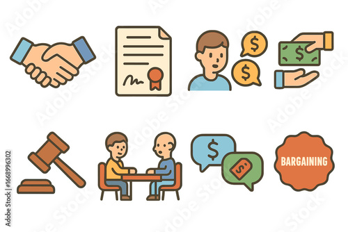 Children's Price Negotiation Icons. Flat vector mini-illustrations price negotiation in colors children's illustrations: handshake