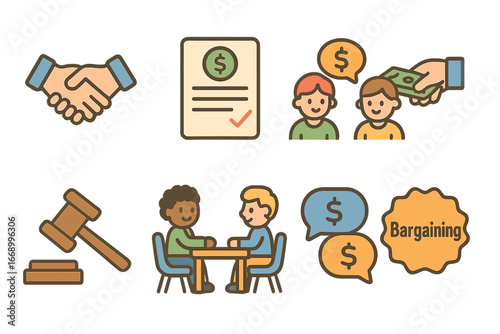 Children's Price Negotiation Icons. Flat vector mini-illustrations price negotiation in colors children's illustrations: handshake