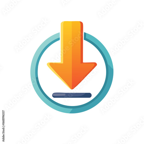 Orange download arrow with blue circle icon symbol for save or upload