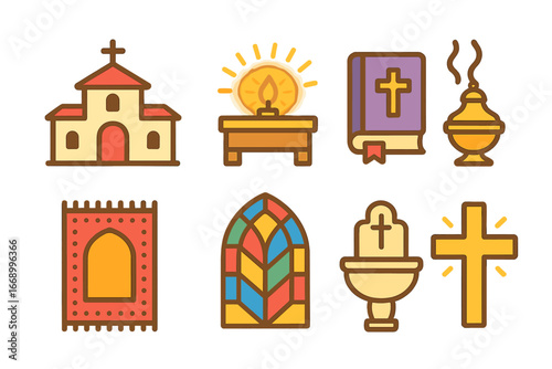 Children's Sacred Icons. Flat vector mini-illustrations Holy place in colors children's illustrations: temple building, glowing