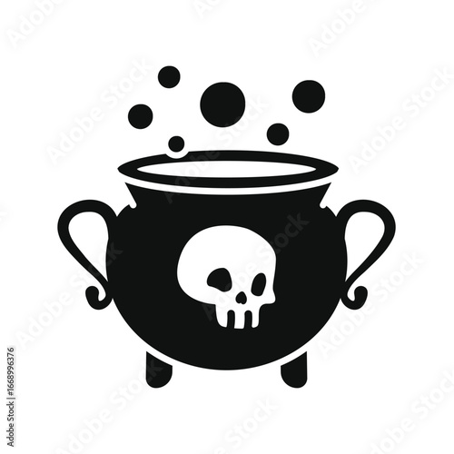 Halloween Witch Cauldron with Skull, Bubbling Potion Icon, Spooky Brew Pot Graphic, Black Magic Kettle Illustration, Poisonous Concoction Symbol