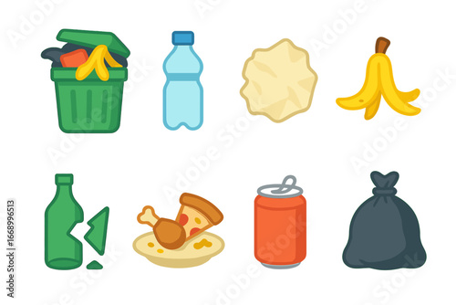 Children's Trash Icons. Flat vector mini-illustrations trash in colors children's illustrations: overflowing trash bin, plastic