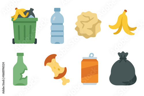 Children's Trash Icons. Flat vector mini-illustrations trash in colors children's illustrations: overflowing trash bin, plastic