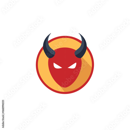 Red devil head symbol with black horns in flat design style within a yellow circle