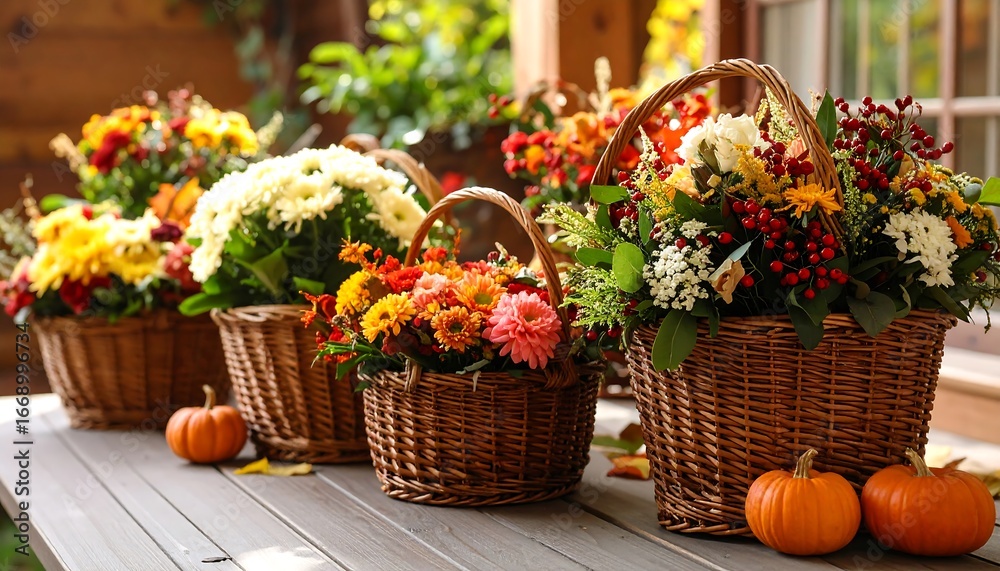 Fototapeta premium Autumn flowers in baskets with outdoor.