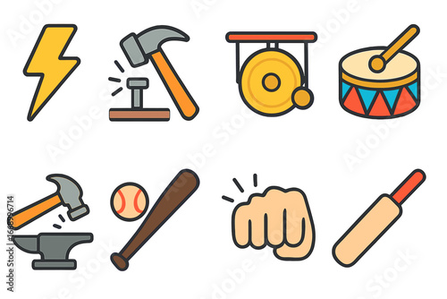Colorful Action Icons. Flat vector mini-illustrations strike in colors children's illustrations: lightning bolt, hammer hitting
