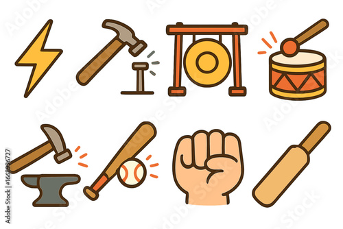 Colorful Action Icons. Flat vector mini-illustrations strike in colors children's illustrations: lightning bolt, hammer hitting