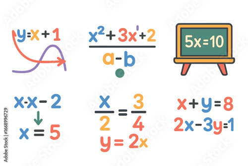Colorful Algebra Icons. Flat vector mini-illustrations algebra equations in colors children's illustrations: linear equation,