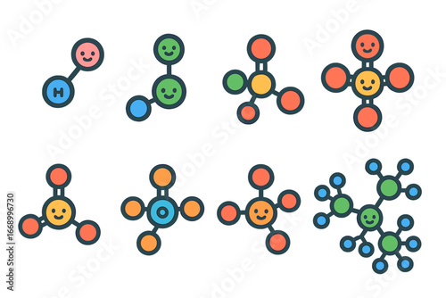 Colorful Acid Ions. Flat vector mini-illustrations acid molecules in colors children's illustrations: hydrogen ion, hydroxide ion,