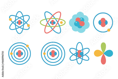 Colorful Atomic Models. Flat vector mini-illustrations atomic models in colors children's illustrations: Bohr model, quantum