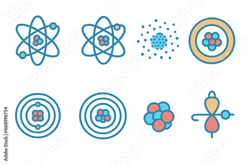 Colorful Atomic Models. Flat vector mini-illustrations atomic models in colors children's illustrations: Bohr model, quantum