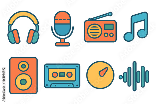 Colorful Audio Icons. Flat vector mini-illustrations audio output in colors children's illustrations: headphones, microphone,