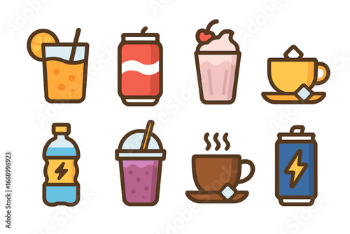 Colorful Beverage Icons. Flat vector mini-illustrations carbohydrate beverages in colors children's illustrations: fruit juice,