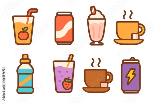 Colorful Beverage Icons. Flat vector mini-illustrations carbohydrate beverages in colors children's illustrations: fruit juice,