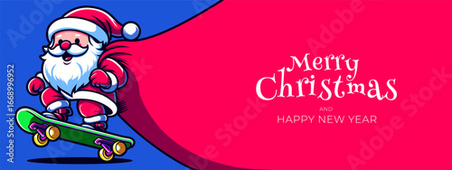 Santa Claus with bag. Santa with huge bag. Funny cartoon Santa Claus with huge red bag. Santa Claus pull sack. Santa Claus hold red big bag. Christmas banner background design with Santa character