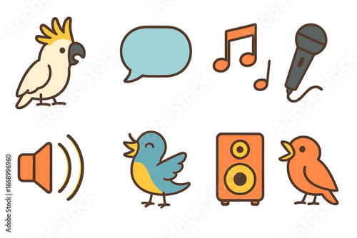 Colorful Bird Calls. Flat vector mini-illustrations bird calls in colors children's illustrations: cockatoo squawking, speech