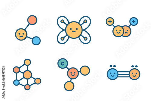 Colorful Chemical Connections. Flat vector mini-illustrations chemical bonding in colors children's illustrations: molecule, atom