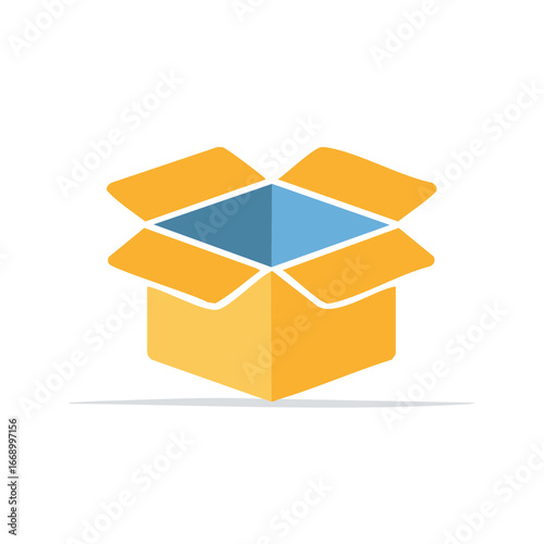 Opened cardboard package box illustration with blue interior and shadow concept of delivery or unboxing
