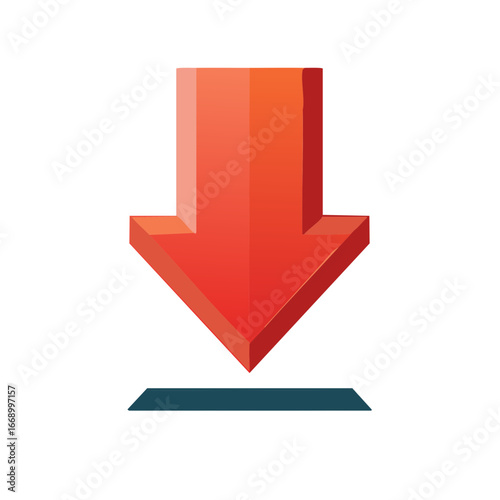 Bold red downward pointing arrow with a 3D perspective landing on a horizontal blue line representing data transfer or downloading