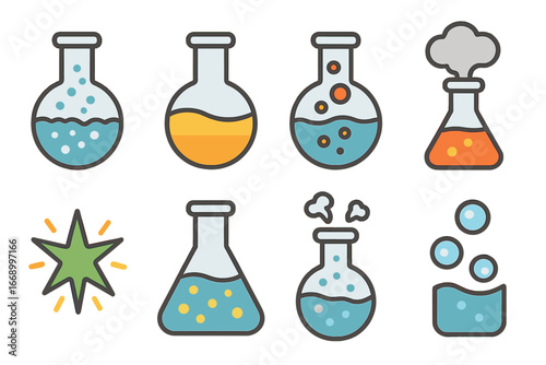 Colorful Chemical Reactions. Flat vector mini-illustrations chemical reactions in colors children's illustrations: fizzing