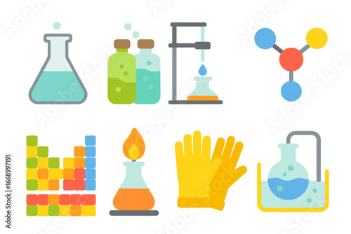 Colorful Chemistry Icons. Flat vector mini-illustrations chemistry experiments in colors children's illustrations: chemical flask,