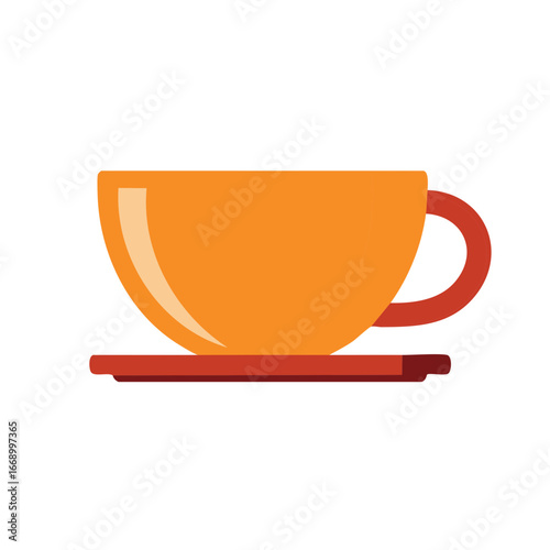 Orange coffee cup with handle and saucer isolated on white background.