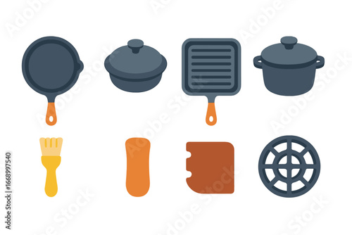Colorful Cookware Collection. Flat vector mini-illustrations cast iron cookware set in colors children's illustrations: iron pan,