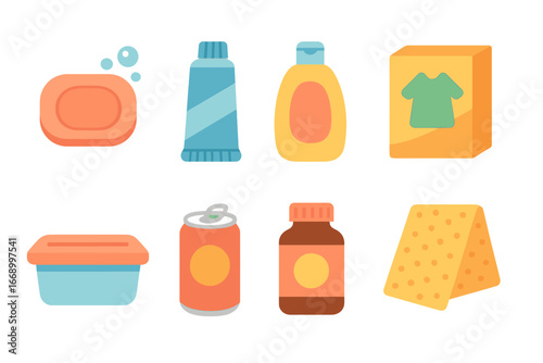 Colorful Daily Objects Grid. Flat vector mini-illustrations compound daily life in colors children's illustrations: soap bar,