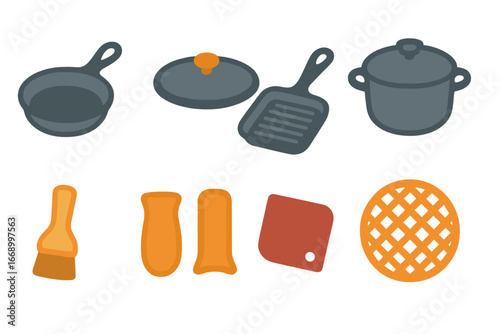 Colorful Cookware Collection. Flat vector mini-illustrations cast iron cookware set in colors children's illustrations: iron pan,