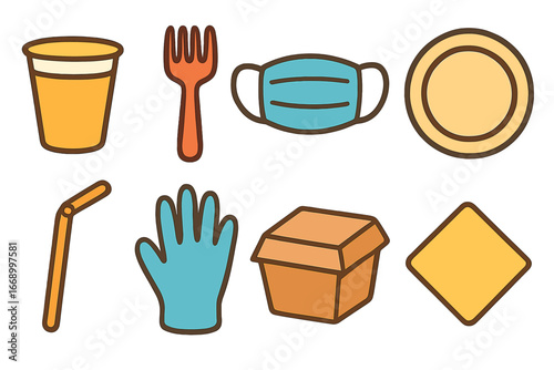 Colorful Disposable Icons. Flat vector mini-illustrations disposable items in colors children's illustrations: paper cup, plastic