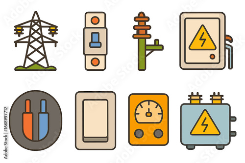Colorful Electrical Icons. Flat vector mini-illustrations electrical grid components in colors children's illustrations: high