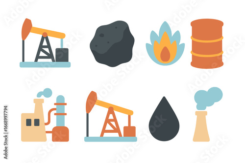 Colorful Energy Icons. Flat vector mini-illustrations fossil fuel in colors children's illustrations: oil rig, coal chunk, natural