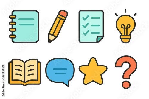 Colorful Icon Grid. Flat vector mini-illustrations chapter summaries in colors children's illustrations: notepad, pencil,
