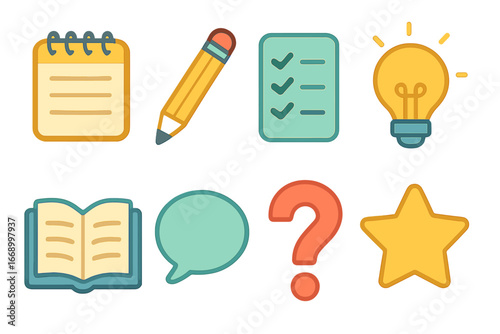 Colorful Icon Grid. Flat vector mini-illustrations chapter summaries in colors children's illustrations: notepad, pencil,
