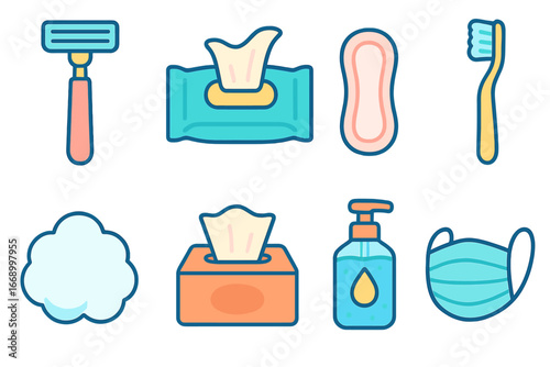 Colorful Hygiene Icons Grid. Flat vector mini-illustrations single-use hygiene products in colors children's illustrations: