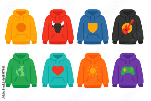Colorful Hoodie and Shorts Icons. Flat vector mini-illustrations hoodie with logos in colors children's illustrations: brand logo