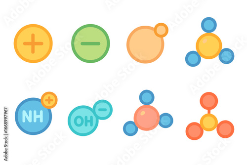 Colorful Ion Icons. Flat vector mini-illustrations ion symbols in colors children's illustrations: Na⁺, Cl⁻, Ca²⁺, SO₄²⁻, NH₄⁺, OH