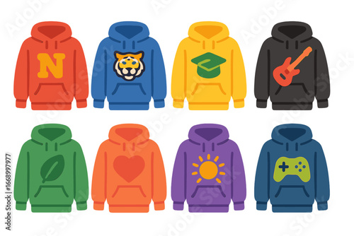 Colorful Hoodie and Shorts Icons. Flat vector mini-illustrations hoodie with logos in colors children's illustrations: brand logo