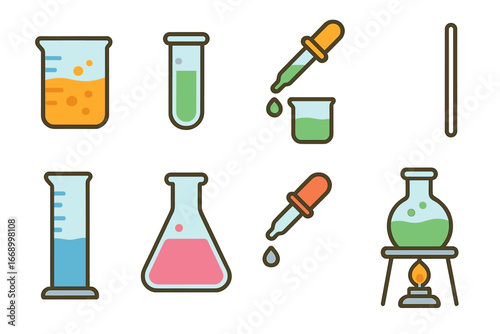 Colorful Lab Icons. Flat vector mini-illustrations laboratory solutions in colors children's illustrations: beaker with solution,